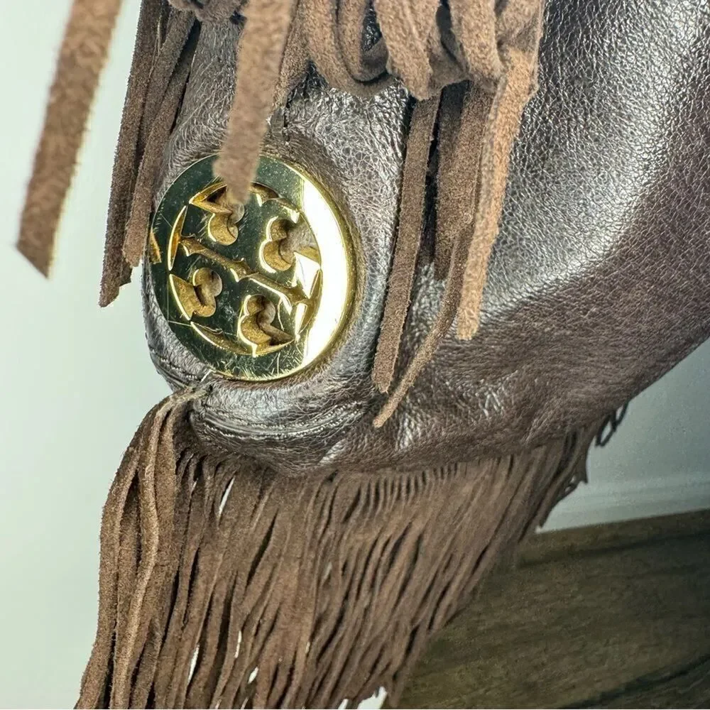 Tory Burch Dark Brown Fringed Leather Suede Hobo Bag